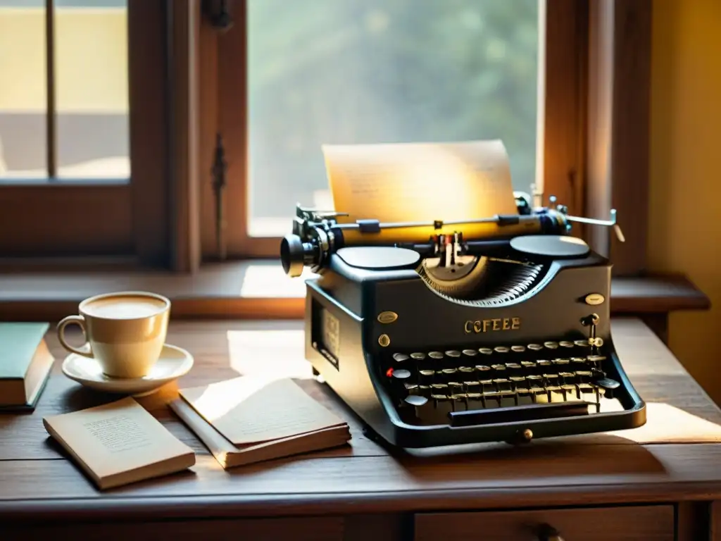 Una escena nostálgica con una máquina de escribir vintage, libros antiguos y papel amarillento, iluminada por la cálida luz de la mañana