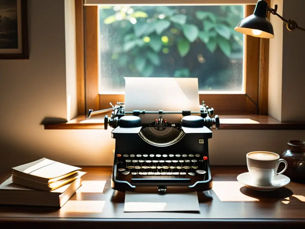 Una escena nostálgica de una máquina de escribir vintage en un escritorio de madera, iluminada por un rayo de sol