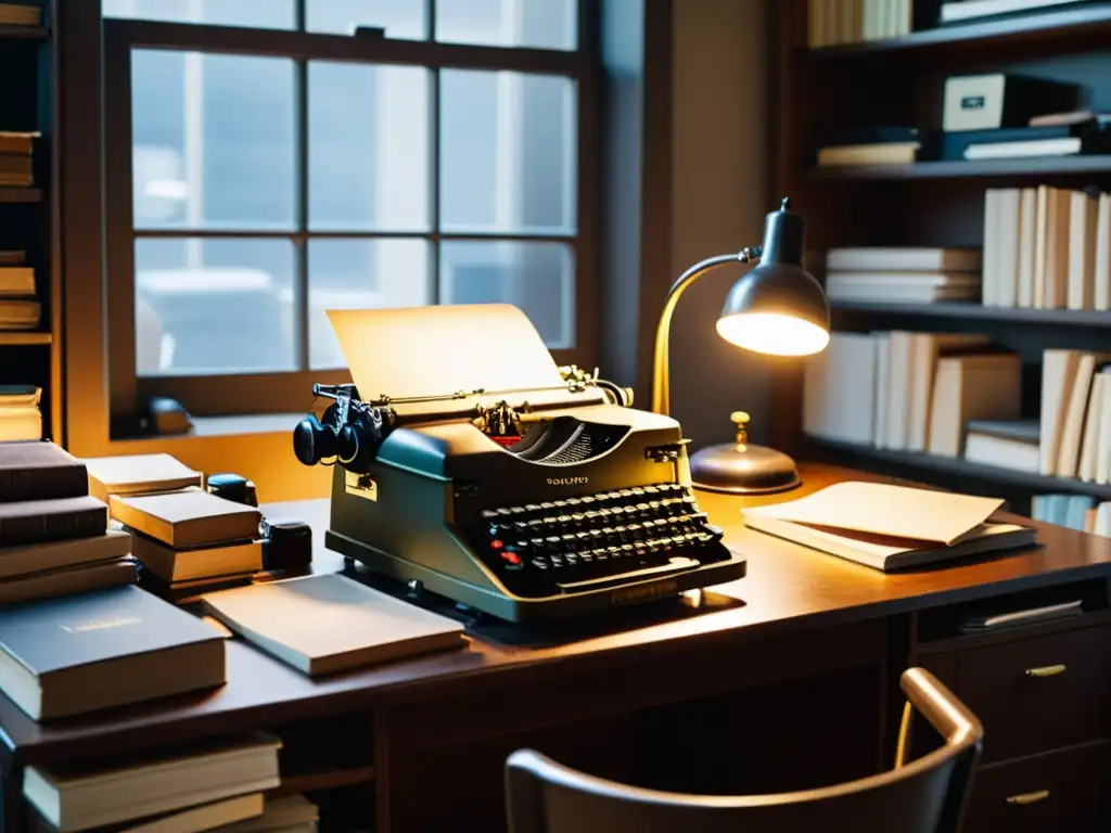 Escena nostálgica de oficina vintage con máquina de escribir, computadora antigua, libros polvorientos y taza de café