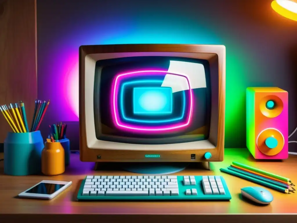 Arte digital en computadora vintage: fusión de medios creativos Una escena nostálgica con un ordenador vintage y arte digital vibrante, evolución de la computación en el arte digital