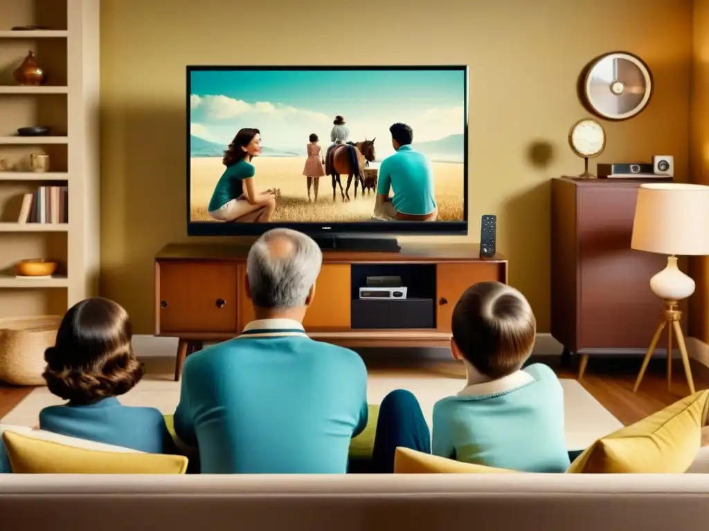 Una escena nostálgica de sala vintage con una familia reunida alrededor de un Smart TV, mostrando la evolución del entretenimiento en el hogar