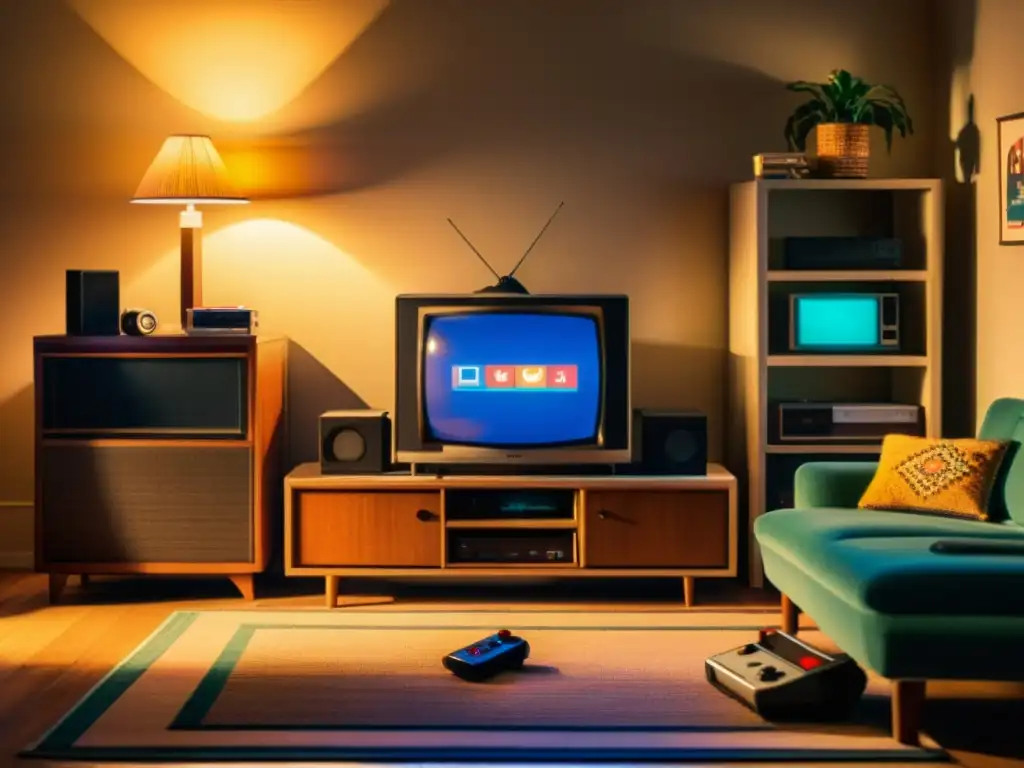 Escena nostálgica: sala vintage con consolas de videojuegos clásicas, TV retro y persona disfrutando