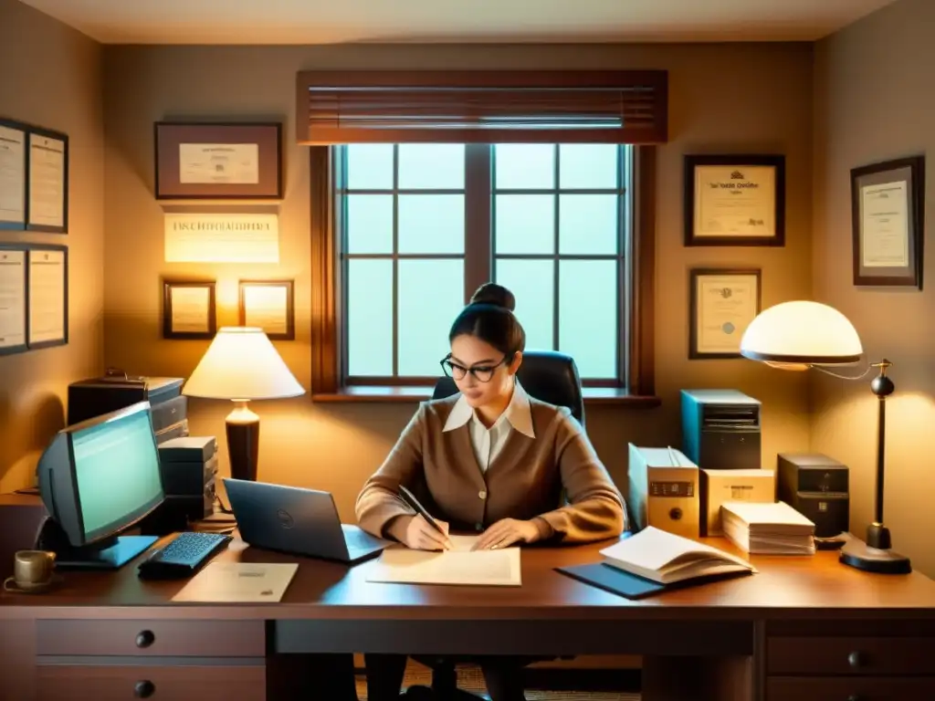 Una escena nostálgica de un setup de oficina en casa, con un profesional trabajando rodeado de equipo informático antiguo, dispositivos de telecomunicaciones y documentos de certificación de seguridad