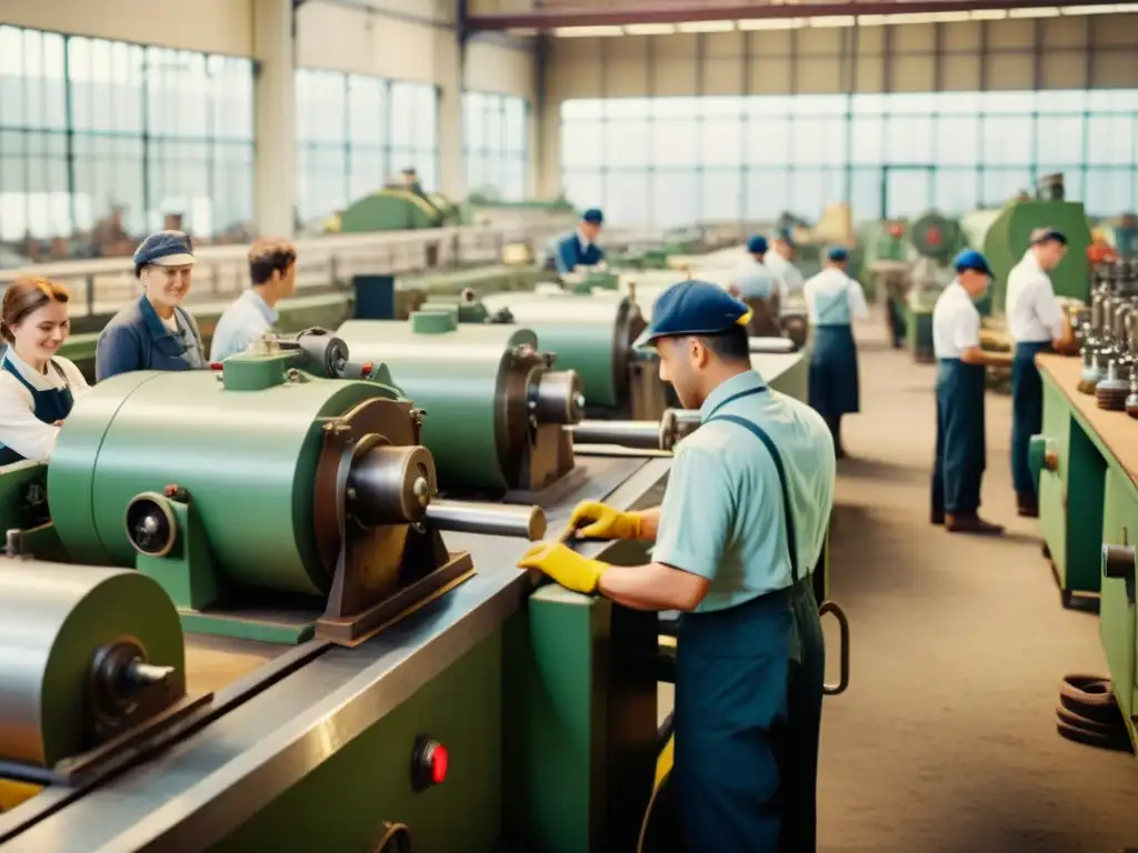 Una escena nostálgica de trabajadores en una fábrica vintage, mostrando la ética de la automatización en el trabajo con determinación y camaradería