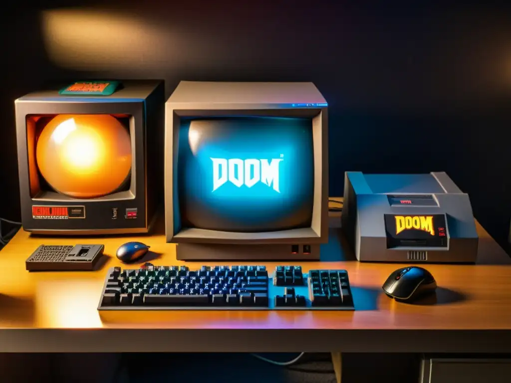 Escena retro de PC con Doom en CRT y hardware antiguo