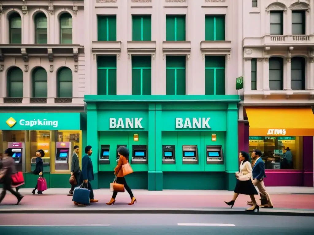 Escena retro de la vida financiera moderna: gente realizando actividades bancarias digitales en la bulliciosa ciudad