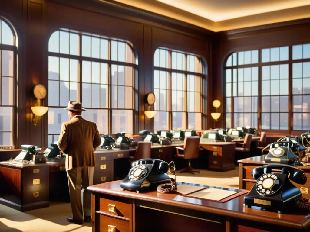 Salón de Trading Vintage: Elegancia y Energía Escena de una sala de trading vintage con operadores en suspensorios y fedoras, monitoreando precios en cintas de ticker en la pared