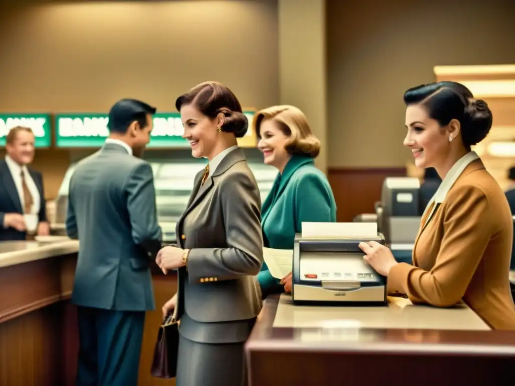 Escena vintage en un banco con clientes recibiendo servicios financieros personalizados