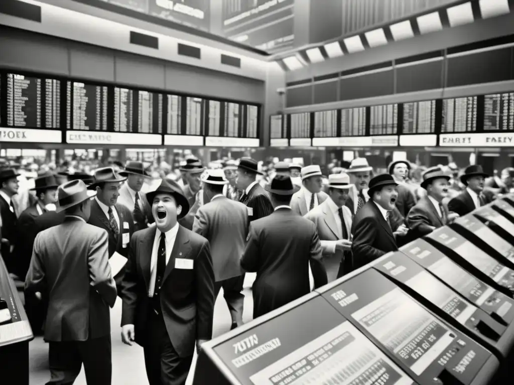 Escena vintage de la bulliciosa bolsa de valores, con traders en trajes clásicos y fedoras, rodeados de máquinas de ticker tape y terminales de computadora antiguos