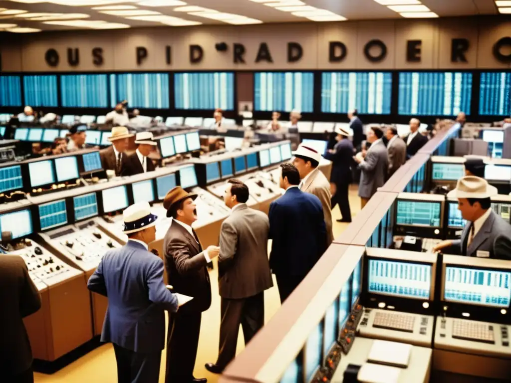 Una escena vintage de un bullicioso piso de operaciones, con traders en trajes y sombreros, rodeados de máquinas antiguas y terminales de computadora