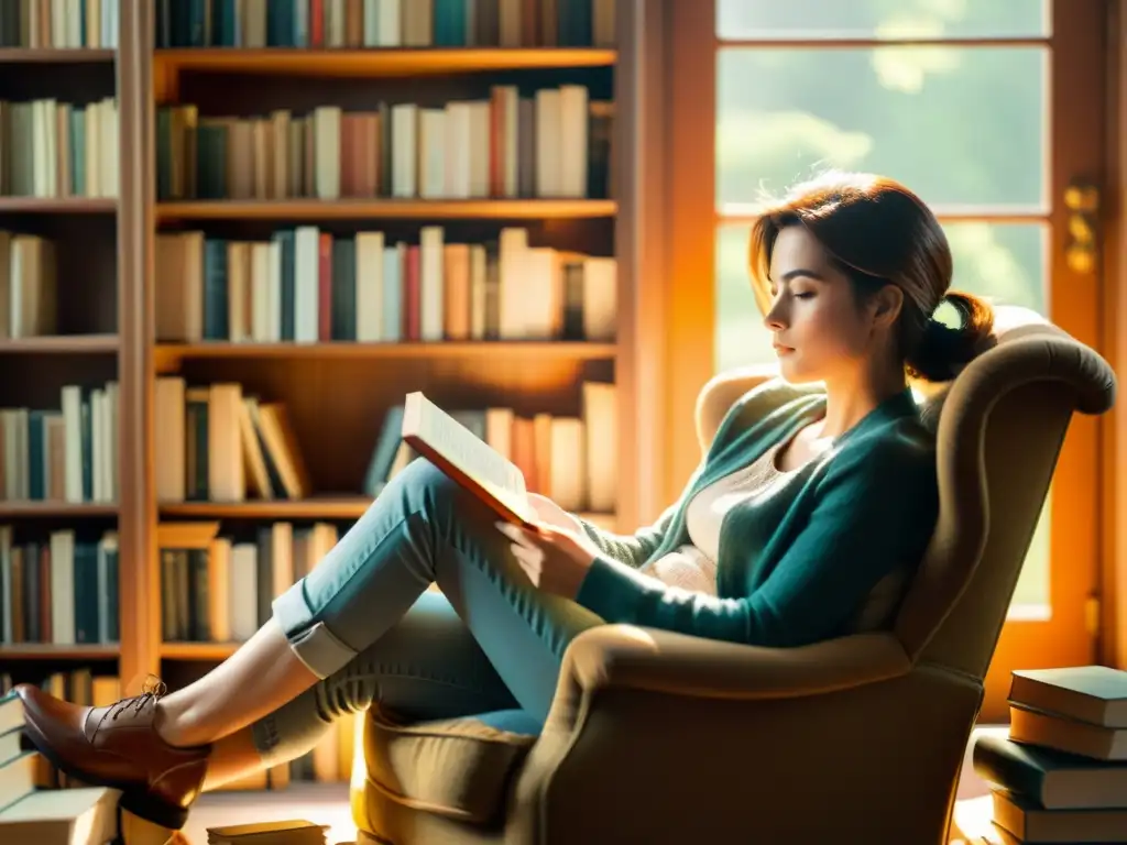 Una escena vintage con una persona leyendo en un sillón rodeada de libros antiguos y modernos, con un lector electrónico desgastado en mano