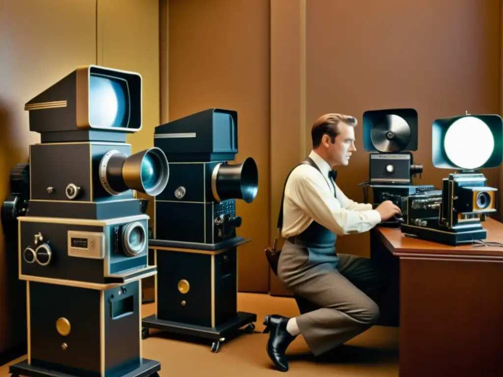 Avance tecnológico en el set de cine vintage: actores y computadoras antiguas Escena vintage en set de película con actores en trajes de época, cámaras antiguas y equipo informático, evolución de la computación en el cine