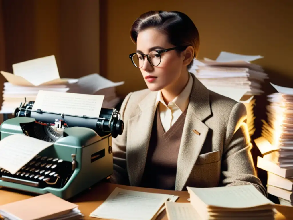 Un escritor en una máquina de escribir vintage rodeado de notas manuscritas