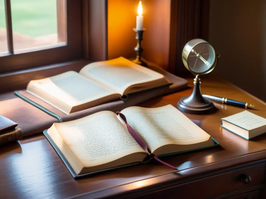 Un escritorio de madera antiguo con un libro abierto, pluma, gafas y luz cálida, evoca sabiduría atemporal y estudio