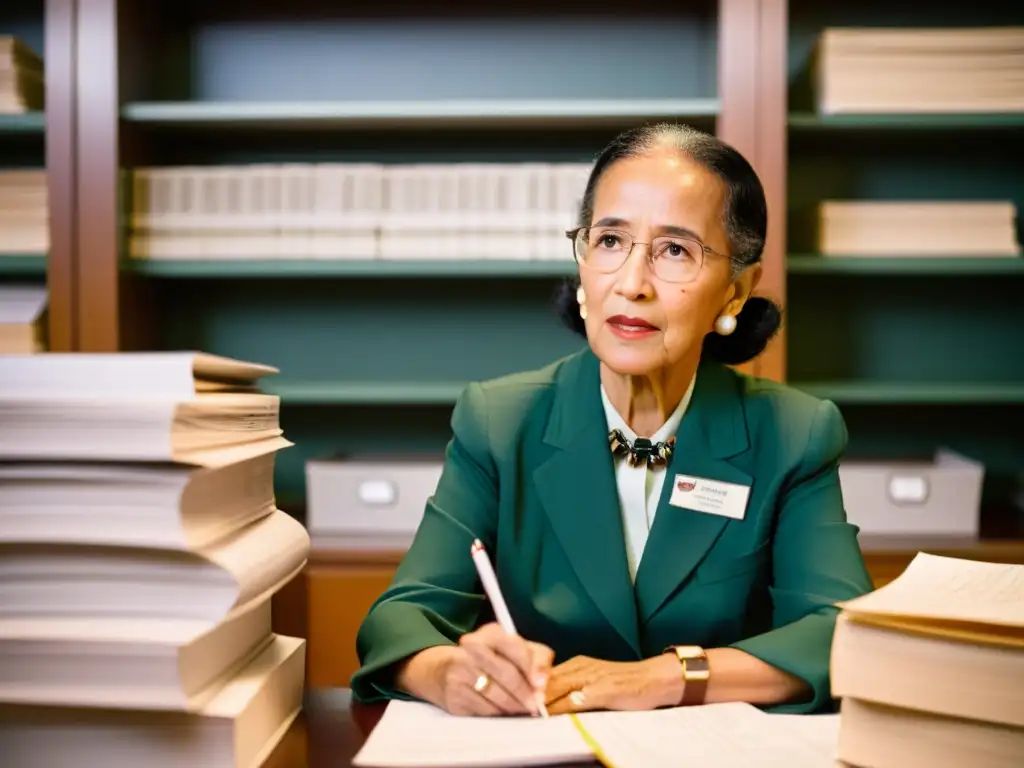 Katherine Johnson historia matemática NASA: Fotografía vintage de Johnson en su escritorio en NASA, trabajando en complejas ecuaciones con determinación