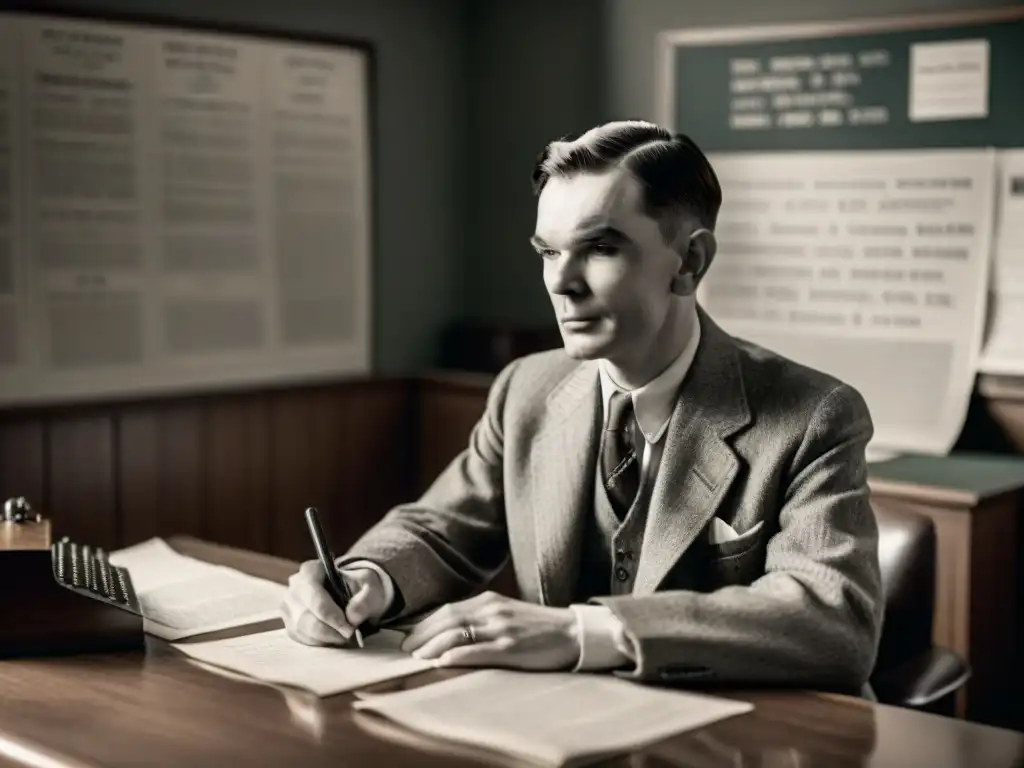 Alan Turing reflexiona en su escritorio en Bletchley Park, rodeado de papeles y una computadora primitiva, evolución de la criptografía en computación