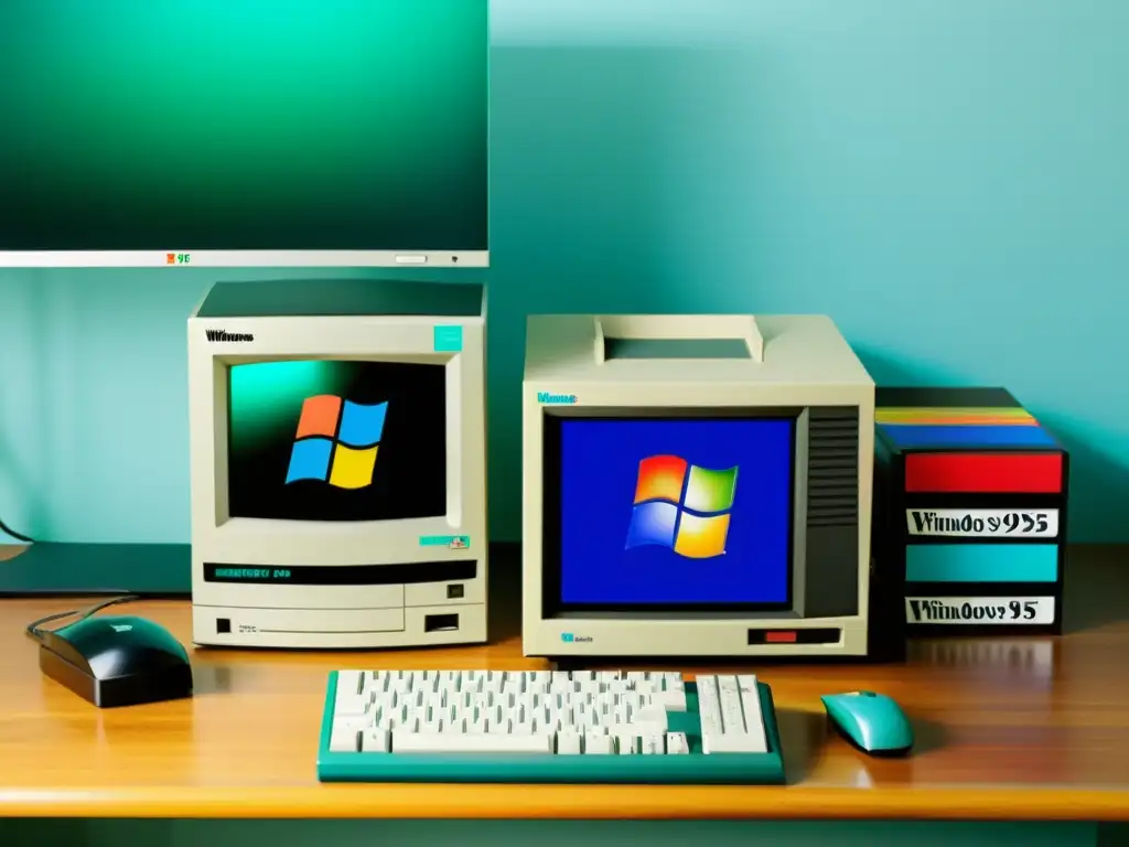 Escritorio vintage con computadora Windows 95, monitor CRT, disquetes y CDROMs