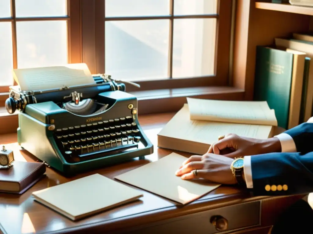 Un escritorio vintage desordenado con papeles, plumas y una máquina de escribir