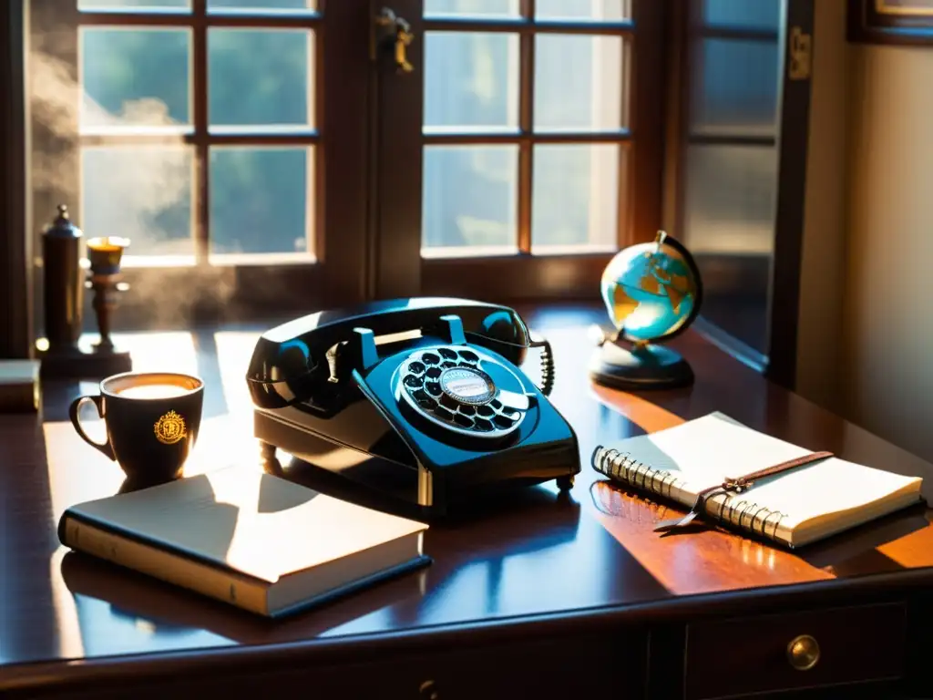 Un escritorio vintage con una máquina de escribir, un teléfono antiguo y un diario de cuero, bañado en cálida luz solar