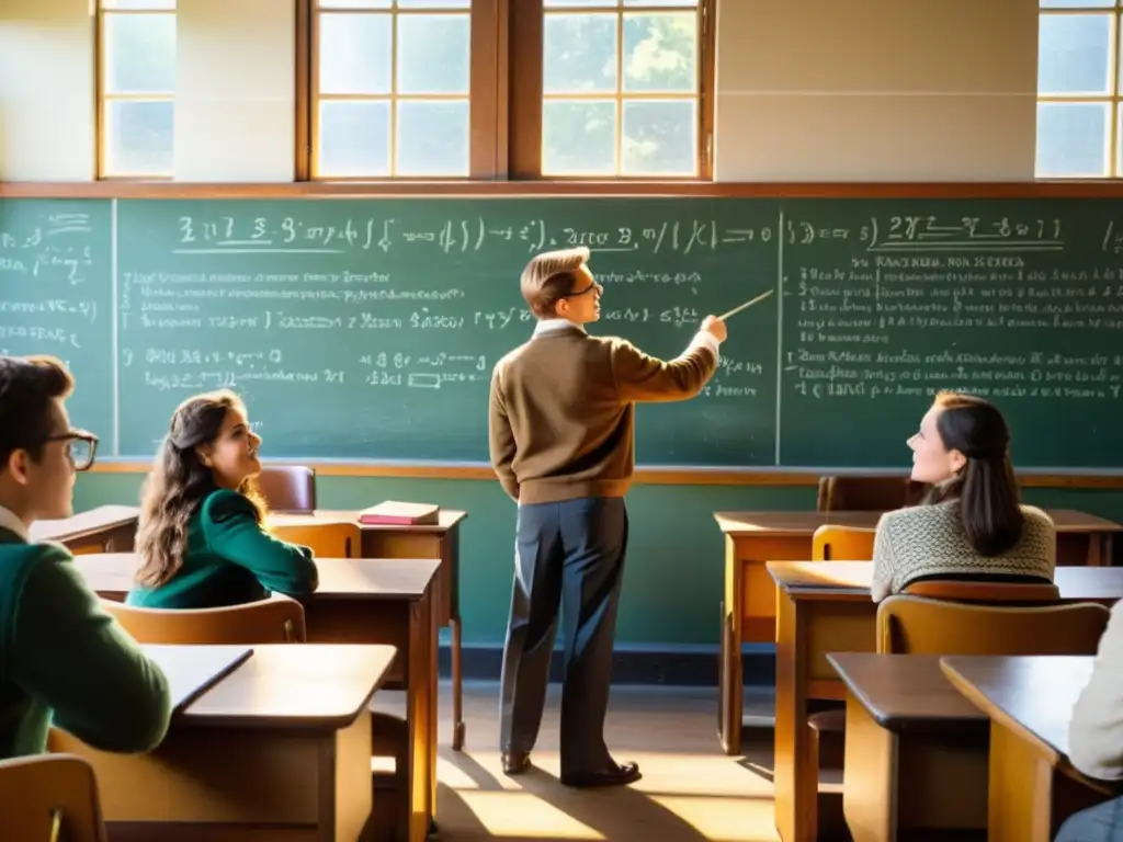 Una escuela vintage con estudiantes participando en una animada discusión, ventanales iluminados por el sol