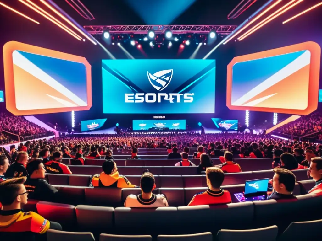 Estadio futurista de esports: Torneo épico en ambiente retrofuturista Un estadio futurista lleno de un público animado, con gigantes pantallas mostrando intensas competencias de eSports
