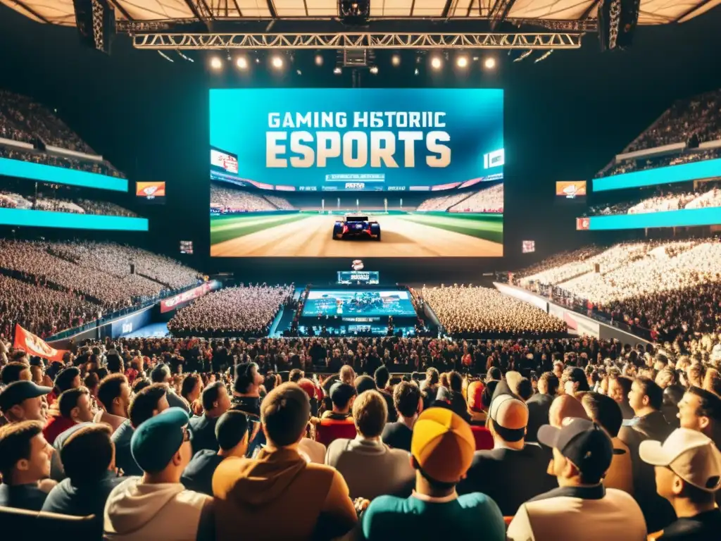 Un estadio lleno celebra hito icónico en la evolución de la historia de los Esports, capturando energía y emoción retro