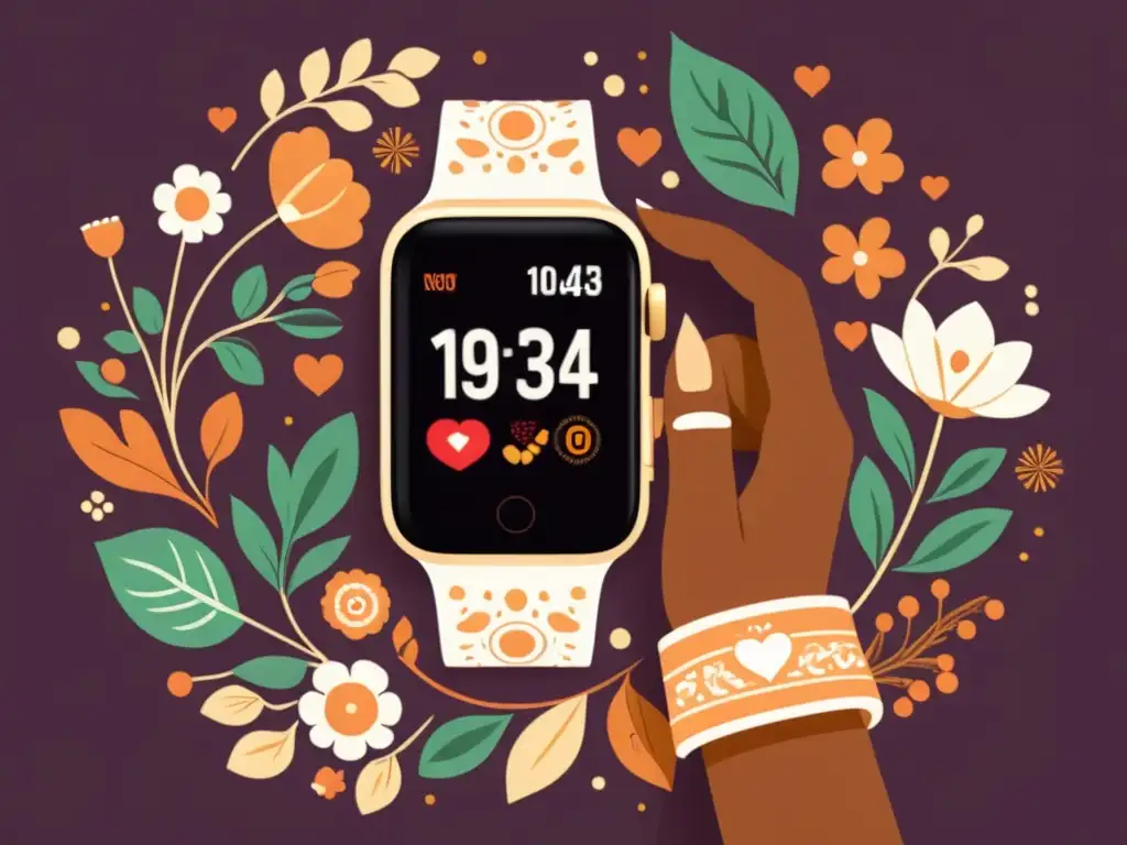 Un estilo vintage ilustra a una persona usando un reloj inteligente, involucrado en actividades de salud y fitness