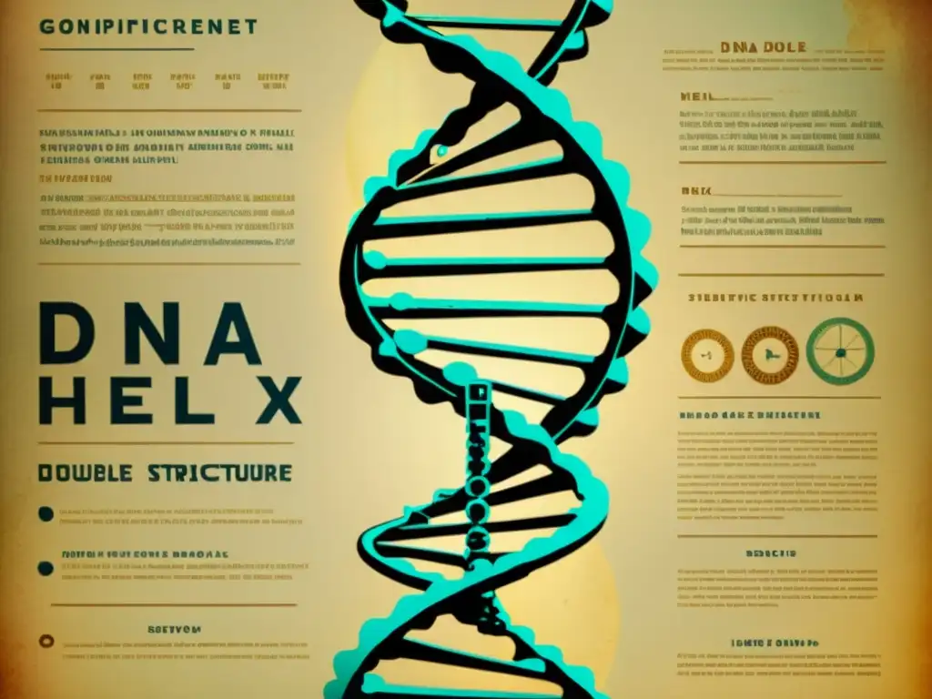 Una ilustración vintage de una estructura de doble hélice de ADN, rodeada de instrumentos científicos antiguos