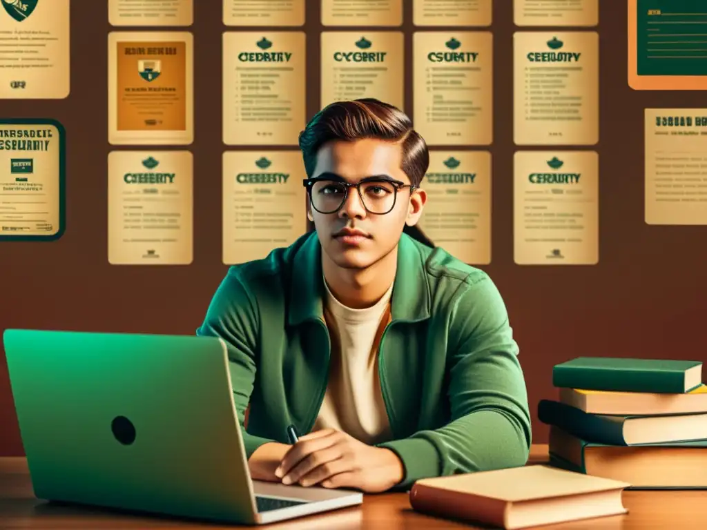 Estudiante de ciberseguridad retro estudia para su certificación Seguridad Informática adecuada, rodeado de libros y tecnología vintage