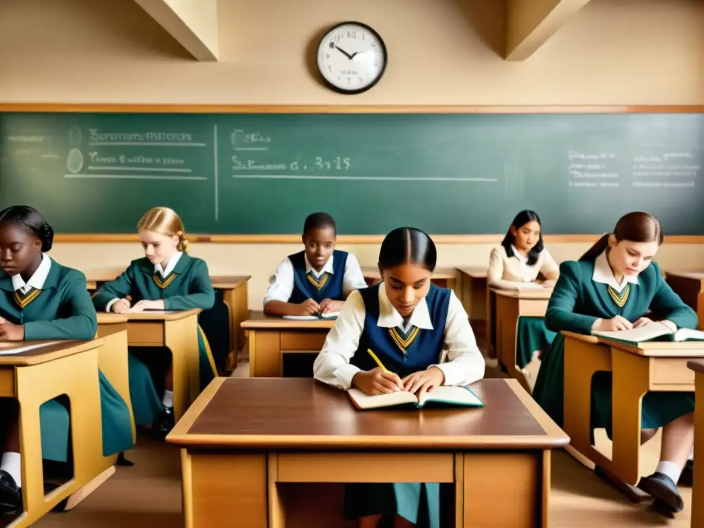 Estudiantes de diversas culturas trabajan en computadoras en un aula vintage, destacando la inclusión tecnológica en la educación global