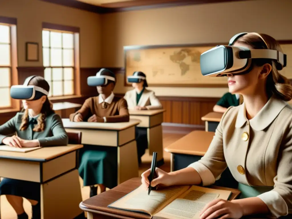 Estudiantes inmersos en una lección histórica de realidad virtual en aula vintage