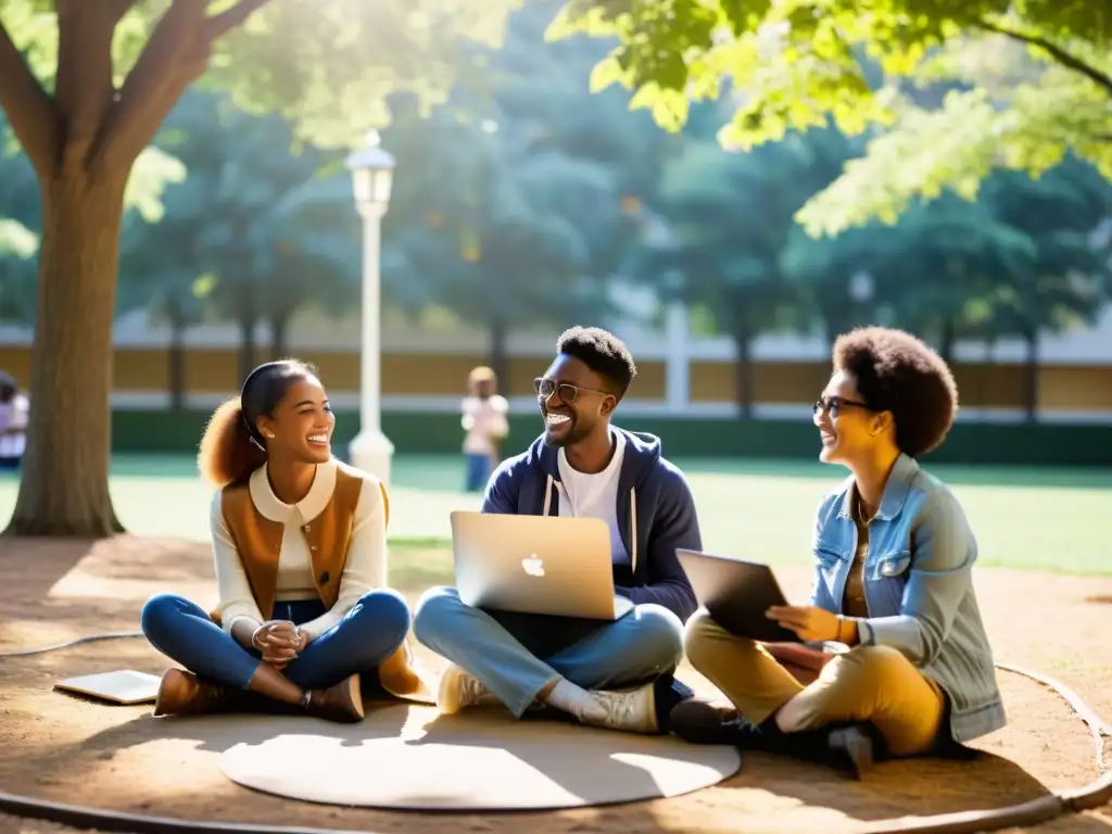 Estudiantes colaborando en plataformas educativas en redes sociales, disfrutando de una animada discusión al aire libre con laptops y tablets de estilo vintage, bajo la cálido resplandor del sol entre los árboles