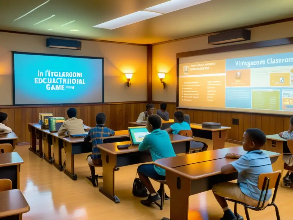 Estudiantes resolviendo problemas en un aula vintage con videojuegos en la educación interactiva