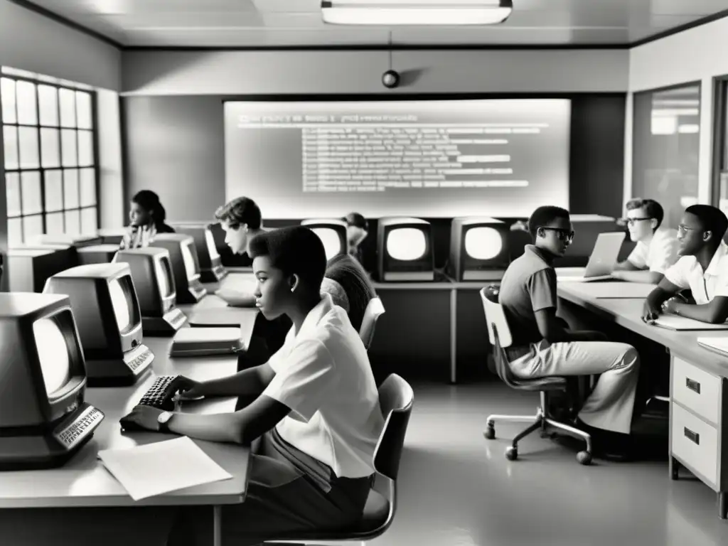 Estudiantes colaborando en proyectos de codificación en un aula retro