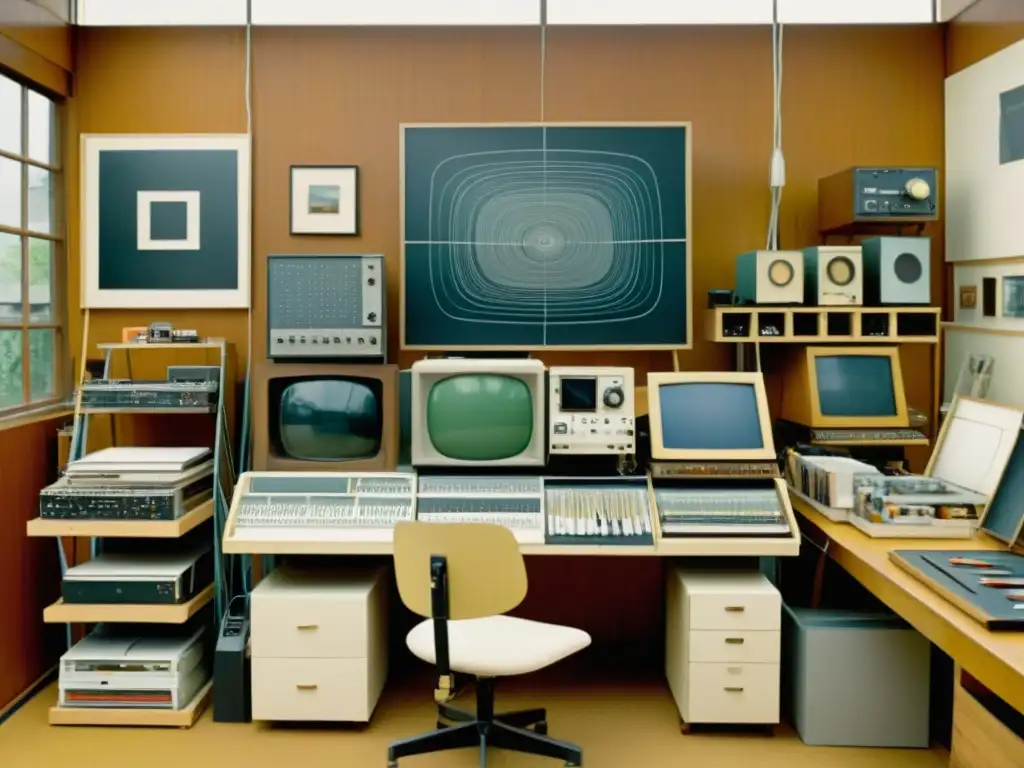 Estudio de arte vintage con computadora analógica Un estudio de arte de los años 60 con suministros analógicos y una computadora primitiva, mostrando la evolución de la computación en el arte digital