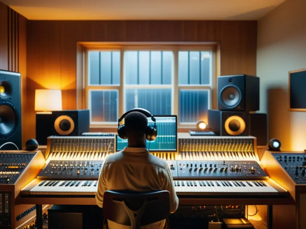 Estudio de música vintage: fusión creativa de tecnología antigua y moderna Un estudio de música vintage con sintetizadores analógicos, máquinas de ritmo y músicos trabajando en la transformación de la creación musical