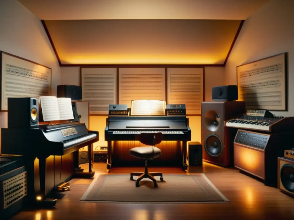 Estudio de Música Vintage: Componiendo una Obra Maestra Estudio de música vintage con sintetizadores analógicos y máquinas de cinta