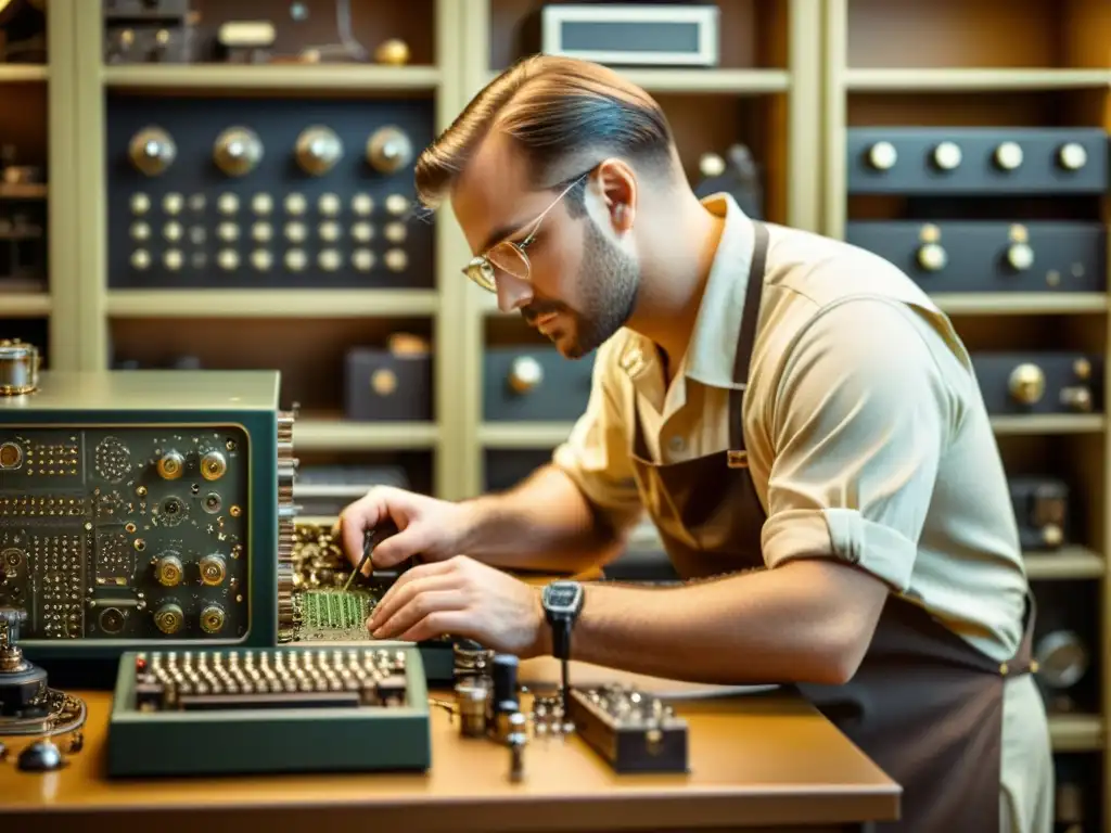 Un experto restaura con cuidado un antiguo ordenador rodeado de piezas vintage, evocando la nostalgia de la era pionera de la informática