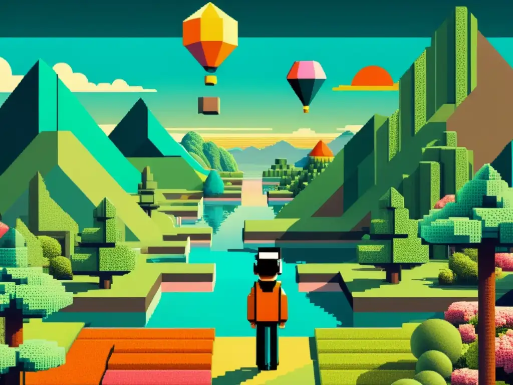 Exploración surrealista de un personaje de videojuego retro en un paisaje abstracto, con estética nostálgica y colores vibrantes