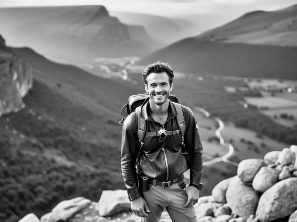 Explorador victorioso en la cima de la montaña, sosteniendo cámara clásica y sonriendo con confianza