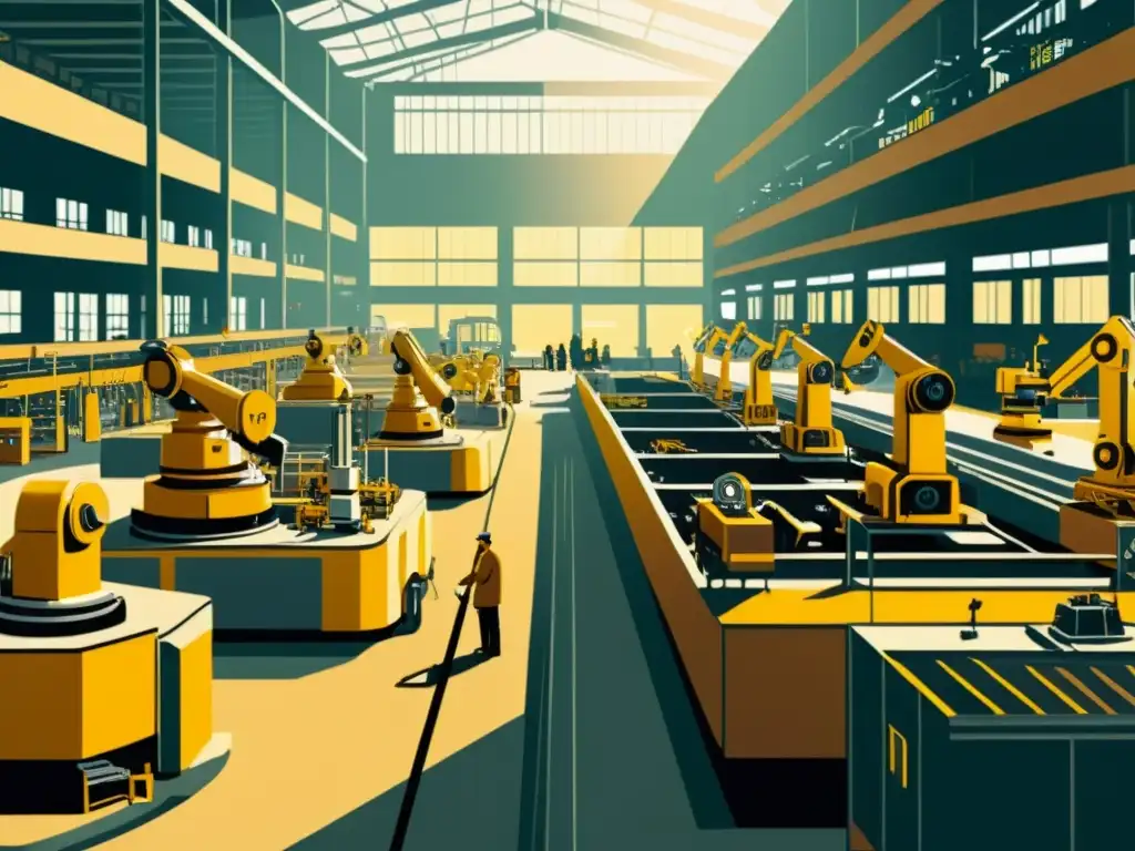 Una ilustración vintage de una fábrica industrial bulliciosa, con robots y maquinaria automatizada junto a trabajadores humanos