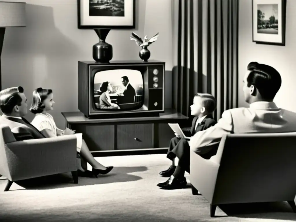 Una familia disfruta de la televisión en blanco y negro de los años 50, evocando la evolución del entretenimiento hogareño