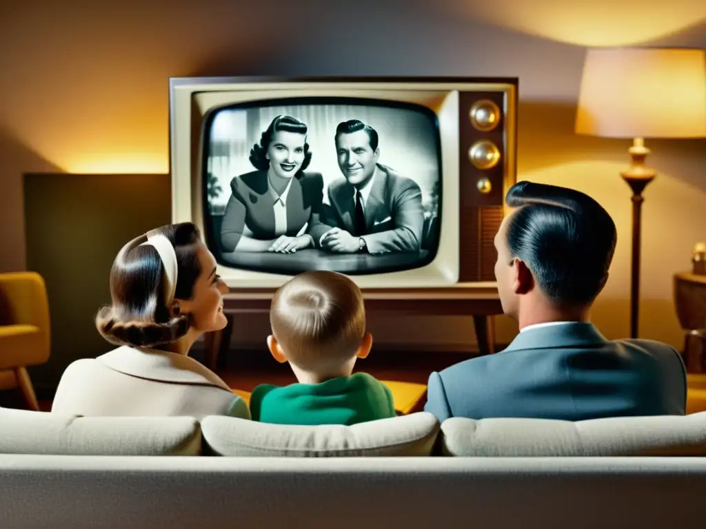 Una familia reunida alrededor de un televisor vintage de los años 50, viendo una película en blanco y negro