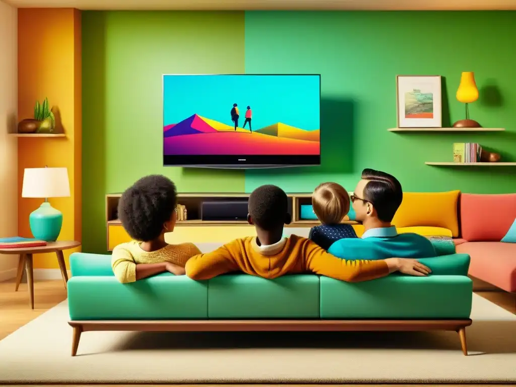 Una ilustración vintage de una familia viendo la televisión en su sala, con una escena cautivadora en la pantalla