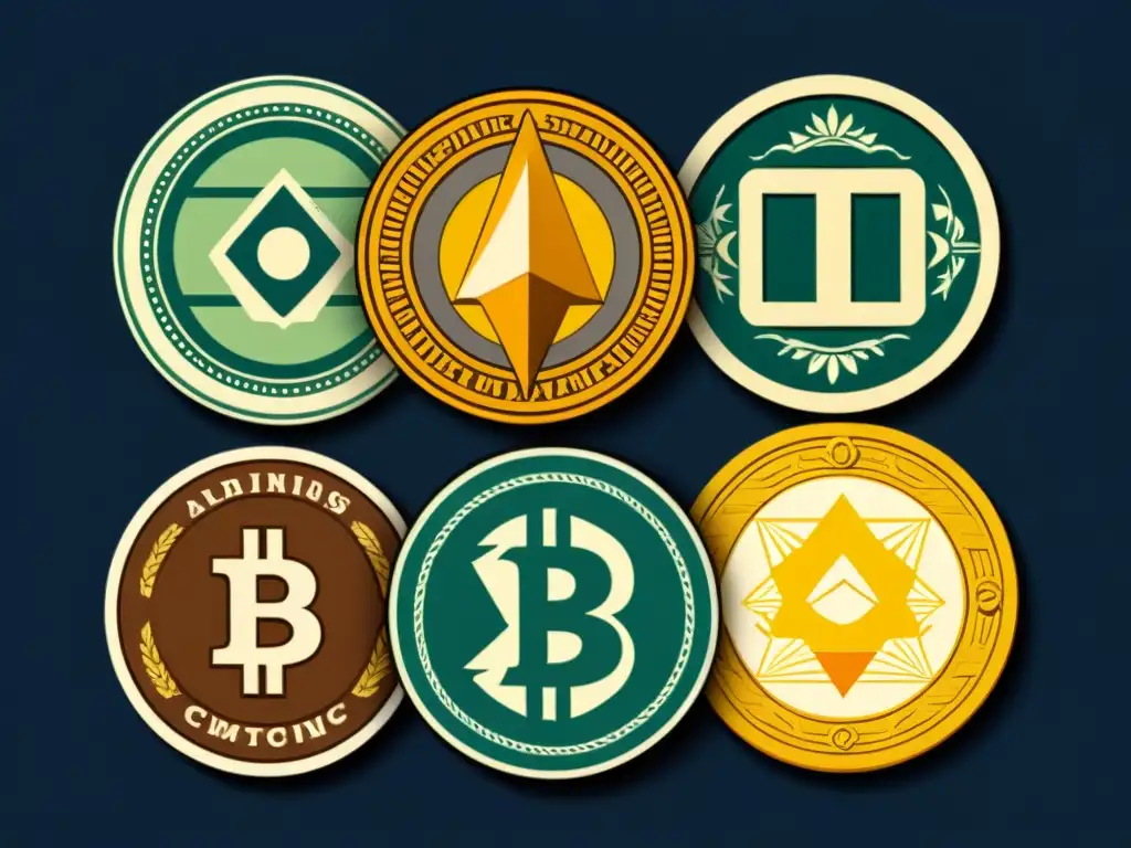 Un fascinante collage vintage de altcoins, mostrando su importancia en criptoactivos con diseños únicos y detalles intrincados