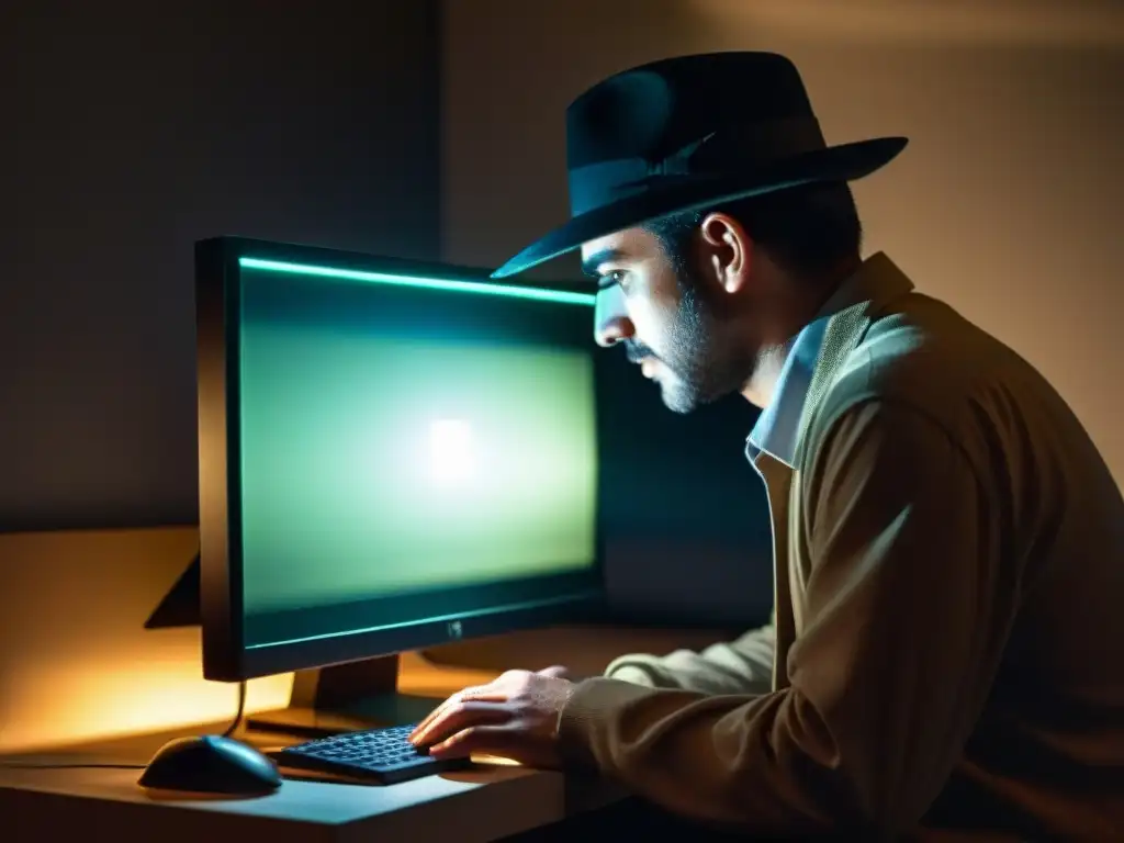Figura misteriosa frente a la pantalla de un antiguo ordenador en una habitación oscura