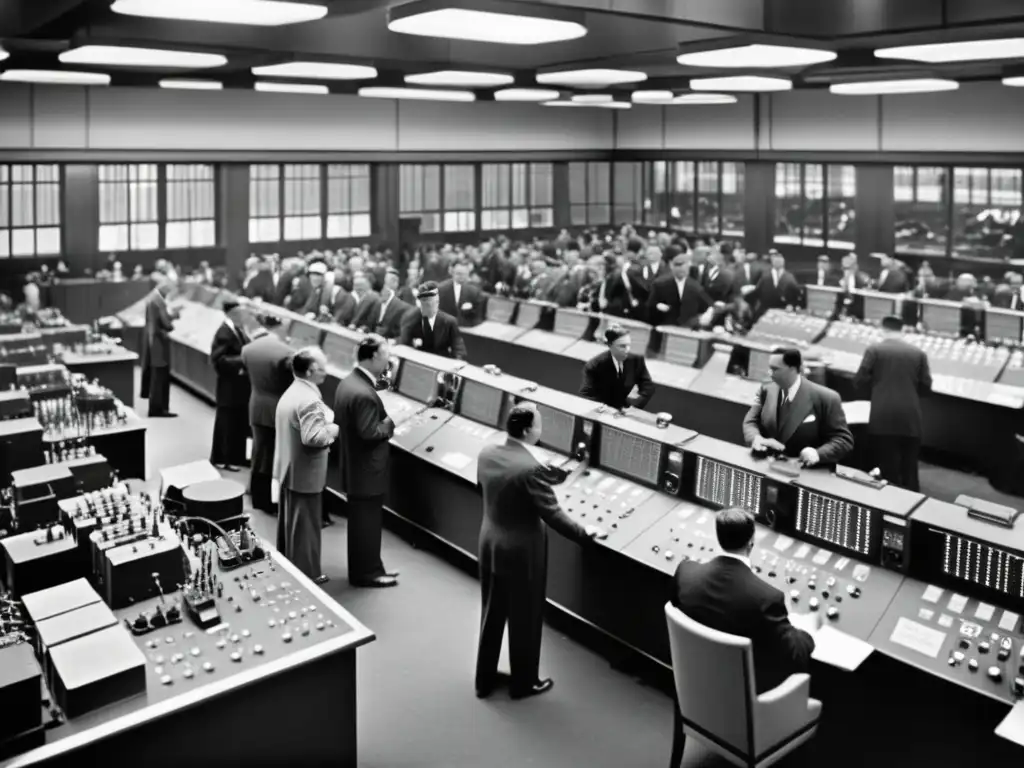 Foto en blanco y negro de una bulliciosa plataforma de trading del siglo XX