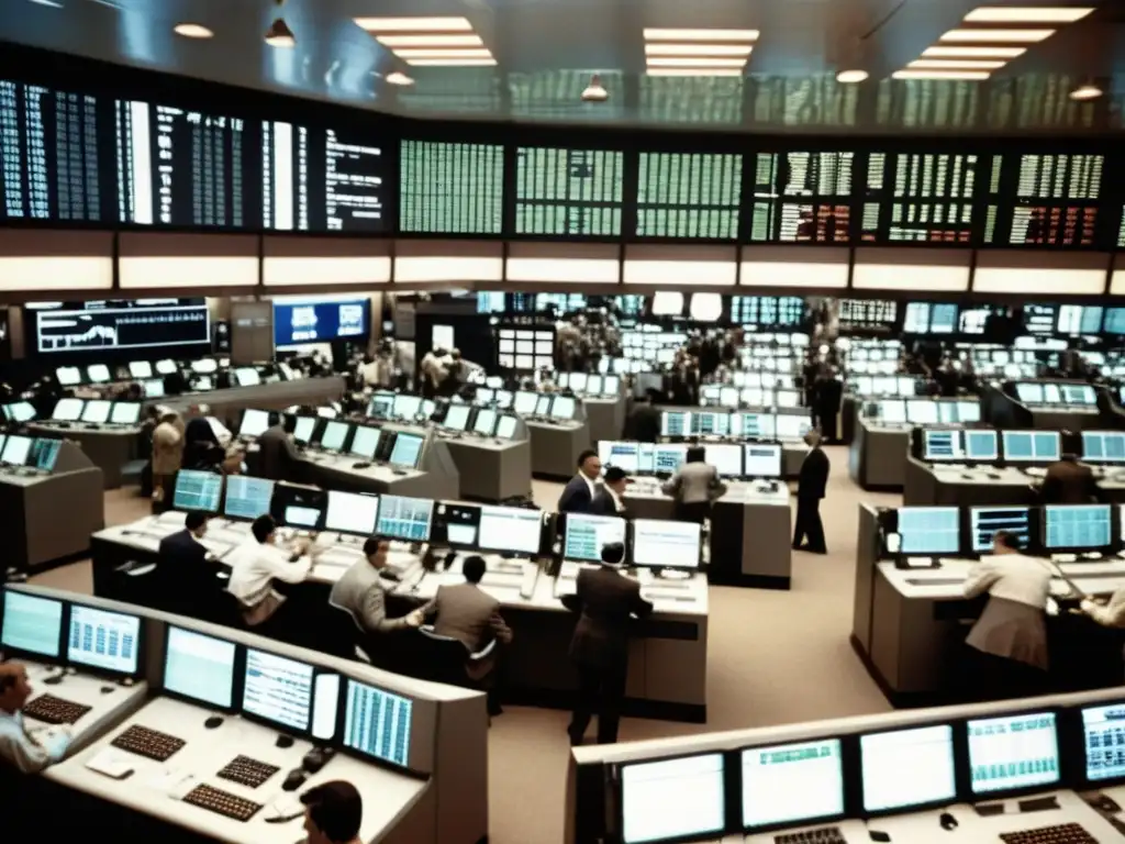 Foto en blanco y negro de la bulliciosa sala de intercambio en los inicios de las plataformas de trading electrónico