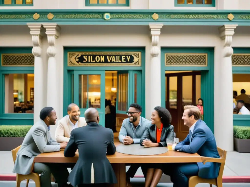 Foto en blanco y negro de la bulliciosa diversidad global en Silicon Valley, con arquitectura histórica y colaboración multicultural