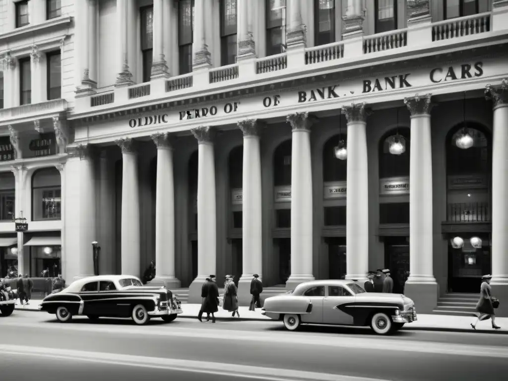 Foto en blanco y negro de una bulliciosa calle de la ciudad con sucursales bancarias tradicionales, autos antiguos y transeúntes con ropa de época